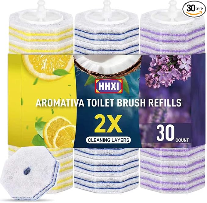 30Ct Aromative Toilet Brush Refills, Toilet Bowl Cleaner Refills, Double-Layer Cleaning Pads Added, Disposable Refill Heads for Toilet Bowl Cleaner Wands，Lemon, Blue Ocean, Lavender （Patented）
