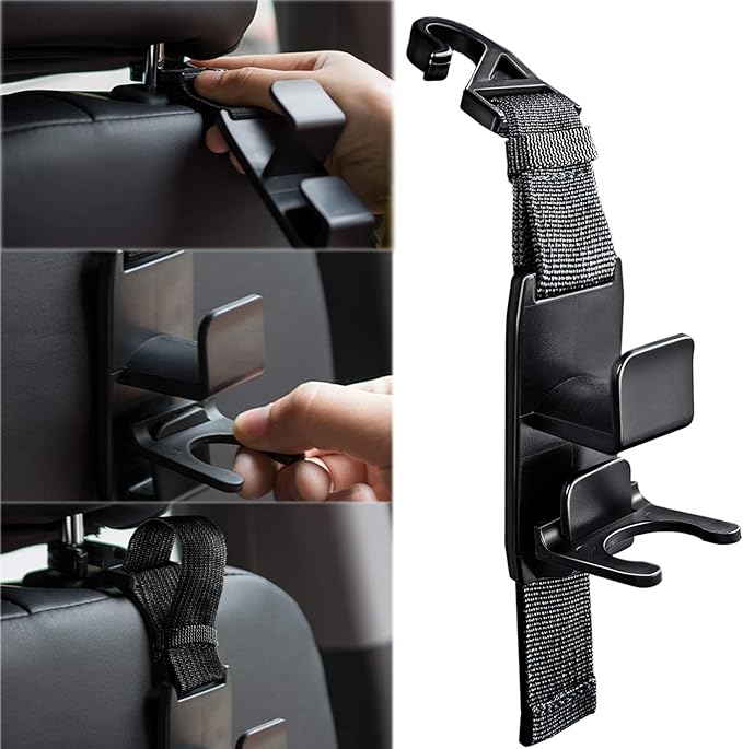 Adjustable Headrest Hooks for Car, Purse Hanger Headrest Hook Holder for Car Seat Organizer Hook for Purse or Grocery Bags,2 Pack, Black