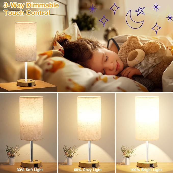 Dicoool Touch Bedside Table Lamp with USB - 3 Way Dimmable Wood Lamp for Bedroom Nightstand, Desk Lamp with Charging Station for Dorm, Office, Kids Room, Living Room
