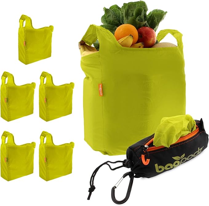 Sturdy Reusable Grocery Bags, Foldable and Washable - Made from Ripstop Nylon, Holds 50lbs - Designed in USA - Reusable Shopping Bags Inside a Compact Pod with Carry Clip - 5 Pack in Green