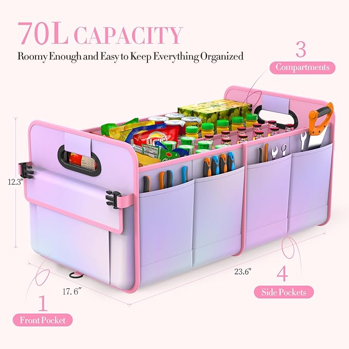 Trunk Organizer for SUV & Sedan, Car Organizers & Storage, Waterproof Collapsible & Adjustable Straps, 70L Sturdy Car Organization for Car Accessories, Tools, Sundries, 2-3 Compartment (Colorful Pink)