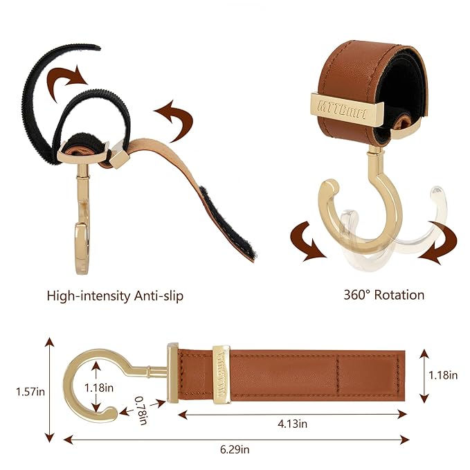 2 Pack Stroller Hooks, Strong Synthetic Leather Hook-and-Loop Fastener & High-Quality Metal Hooks, Universal Bag Clip | 360° Rotation, 66lb Capacity, Non-Slip - Fits Wheelchair (Black-Gold)