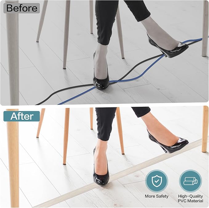Floor Cord Cover Self Adhesive Cord Hider Floor Extension Cord Covers for Floor Power Cord Protector Cable Management Prevent Cable Trips Cable Cavity 0.32" W x 0.32" H (Beige Wood, 10Ft)