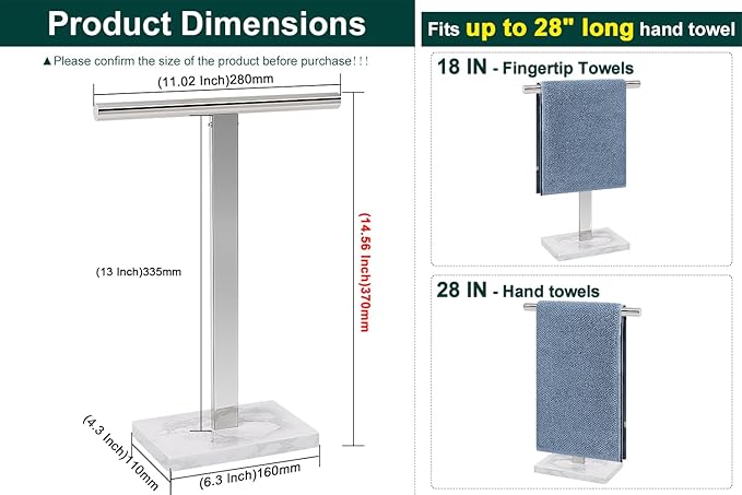 BathAce Hand Towel Holder, T-Shape Hand Towel Stand for Bathroom, Hand Towel Rack Bar Standing for Vanity Kitchen Countertop, 304 Stainless Steel (Marble Base, Chrome)
