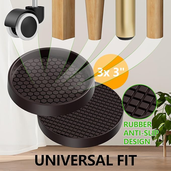 Non Slip Furniture Pads- 3"x3" Round Anti Skid Caster Cups Furniture Coasters, Anti-Sliding Grippers Floor Protectors for Furniture Bed, Couch, Chair Leg, Brown(Set of 12)