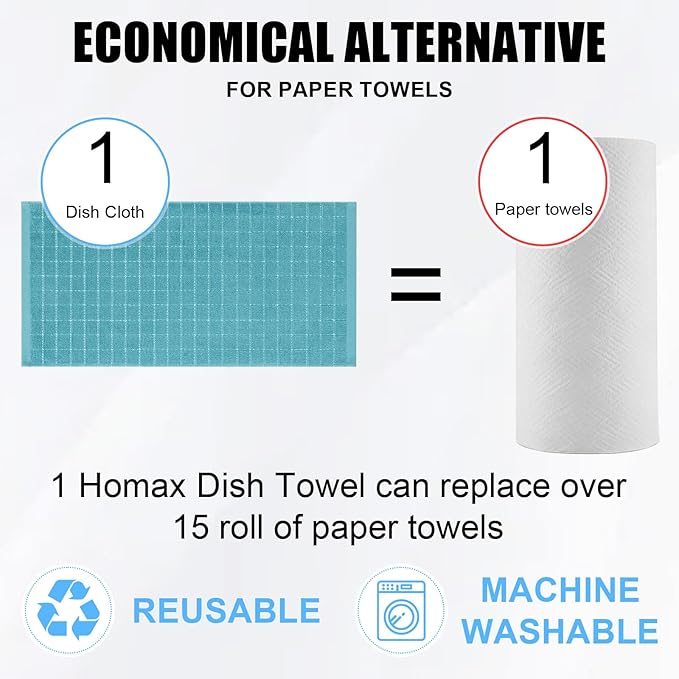 Homaxy 100% Cotton Terry Kitchen Towels(Lake Blue, 13 x 28 inches), Checkered Designed, Soft and Super Absorbent Dish Towels, 8 Pack