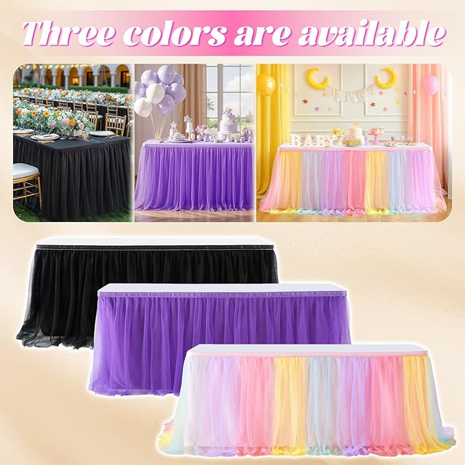 Tulle Table Skirt 3 Layer 6ft 9ft with Polyester Lining Reusable Washable Tutu Tablecloth for Wedding Party Birthday Banquet Holiday Decoration (Multicolor, 6Feet)