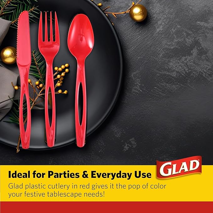 Glad Assorted Plastic Cutlery Set | Extra Heavy Duty Red Forks, Knives, and Spoons | 1,152 Count Set of Disposable Party Utensils, Sturdy Cutlery