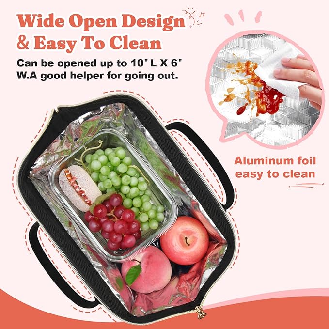 Lunch Bag for Women, Insulated Lunch Box, Wide-Open Lunch Tote Bag with Large Drinks Holder, Durable Nylon Thermal Snacks Organizer for Men, Adults, Work, Picnic, Hiking, Beach, Fishing (Pink + Black)
