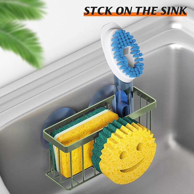Sponge Holder Smiley Face, Sink Caddy, Sink Organizer with 2 Suction Cups/1 Adhesive Strips, Designed for Sponge, Soap, Dish Brush, Scrubber - Green
