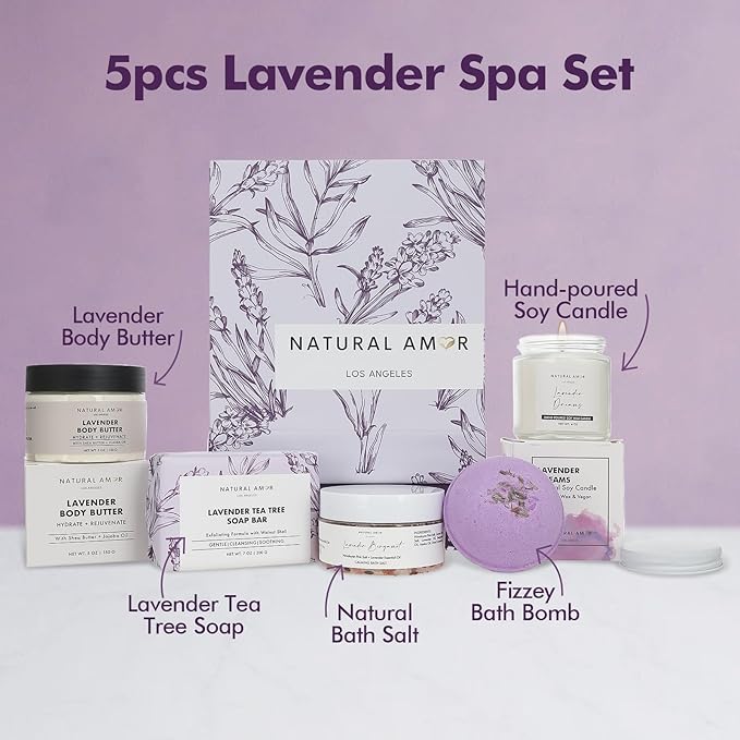 Natural Amor 5-Piece Lavender Spa Gift Set – Bath Bomb, Body Butter, Bar Soap, Bath Salt, Candle – Relaxing Self Care Kit for Women – Gift Box for Birthday, Thank You, Get Well