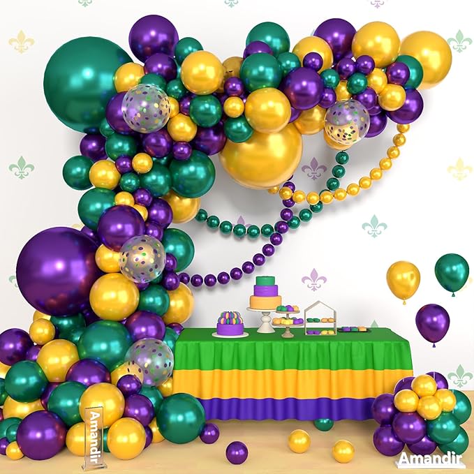 Amandir 153pcs Mardi Decorations Gras Balloons Arch Garland Kit, Different Sizes 18 12 10 5inch Pearl Purple Green Gold Confetti Mardi Balloons for Gras Fat Tuesday Carnival Birthday Party Supplies