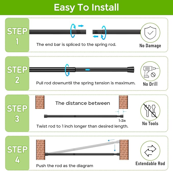 Spring Tension Rods 26-39 Inches Adjustable Black No Drill Spring Loaded Curtain Rod Small Short Tension Curtain Rod Expandable Tension Rod for Windows, Kitchen, Doorway, Bathroom, Cupboard Bars