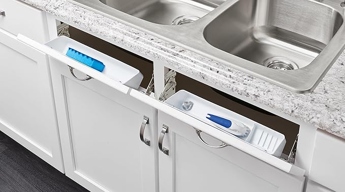 Rev-A-Shelf 14" Tip-Out Plastic Sink Trays for Kitchen and Bathroom Base Cabinet, Pull Out Vanity Shelf Home Organizer, White, 6572-14-11-52