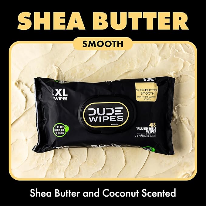 DUDE Wipes Shea BUTTer Flushable Wipes - Extra-Large Adult Wet Wipes - 6 Pack (288 Count) - Infused with Coconut Oil, Vitamin E, and Aloe - Septic and Sewer Safe