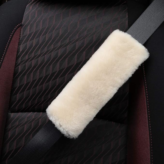 OGLAND 2 Pack Automotive Authentic Sheepskin Car Seat Belt Pads, Soft Shoulder Pad, Neck Cushion Protector, Genuine Natural Merino Wool (Pearl)