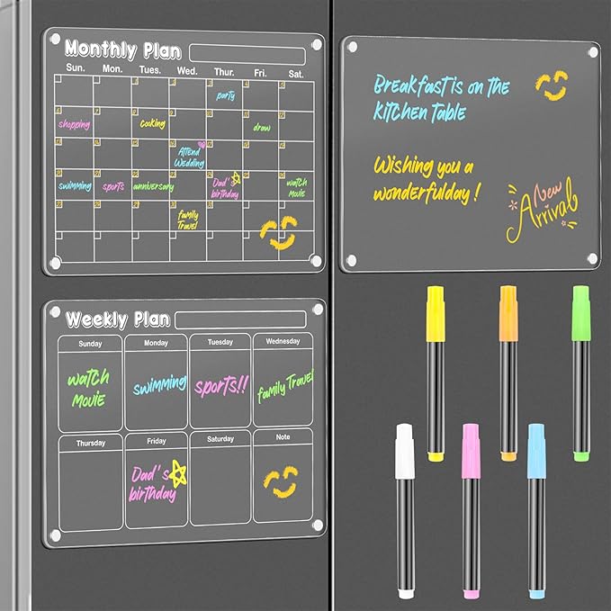 DIYMAG Magnetic Calendar for Refrigerator 3 PCS Dry Erase Whiteboard 15.2"x11.2" Magnet Fridge Monthly Weekly White Board Planning Acrylic Clear Apartment Decor Meal Planner with 6 Colors Markers
