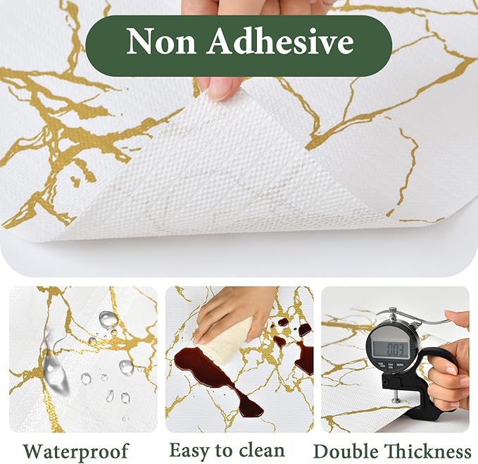 Drawer and Shelf Liner for Kitchen Cabinet, Non-Slip, Waterproof Shelf Paper, 17.5 in X 20 Ft, Non-Adhesive Refrigerator Liners, Gold White Marble, Easy Liners for Bathroom Cupboard
