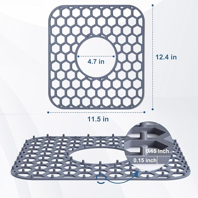 Silicone Sink Protectors for Kitchen Sink with Center Drain - 12" x 11" Kitchen Grid Accessory, Non-Slip Heat-Resistant Mat for Bottom of Porcelain Stainless Steel, Dishwasher Safe