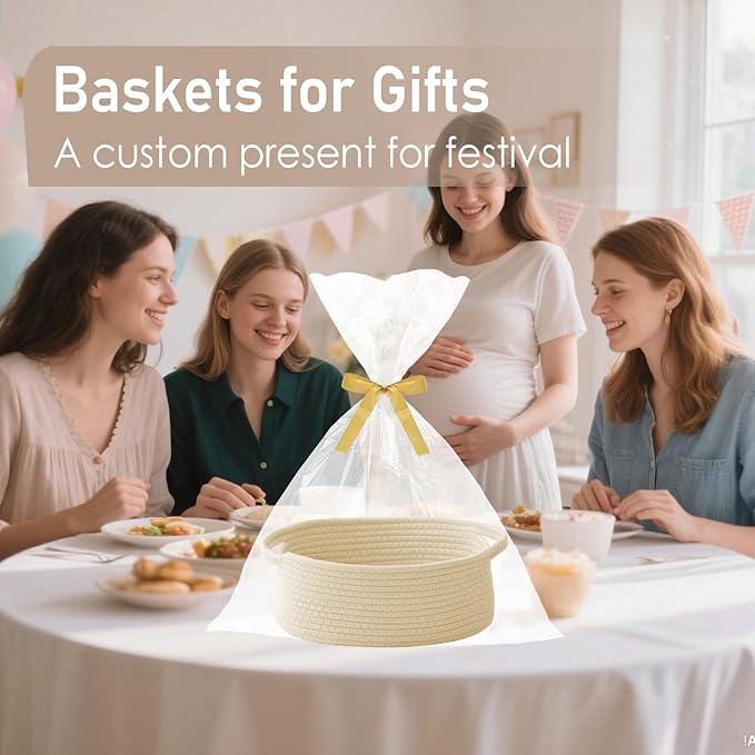 Woven Basket, Small Rope Storage Bin with Handles & Ribbon Bag, Organizer for Shelves Closets, Empty Gift Basket for Birthday, Books, Dog Toys, Beige/2 Pack