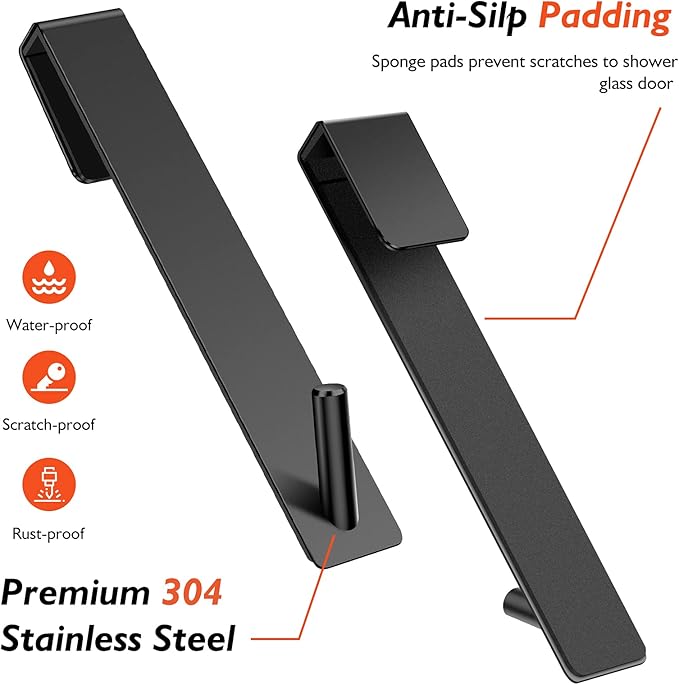 Kontoyo Shower Door Hooks(7.5 Inch),Extended Over Door Hooks for Bathroom Frameless Glass Shower Door,Stainless Steel Towel Hooks,Heavy Duty Rack Hooks for Robe,Towel-3 Pack-Black