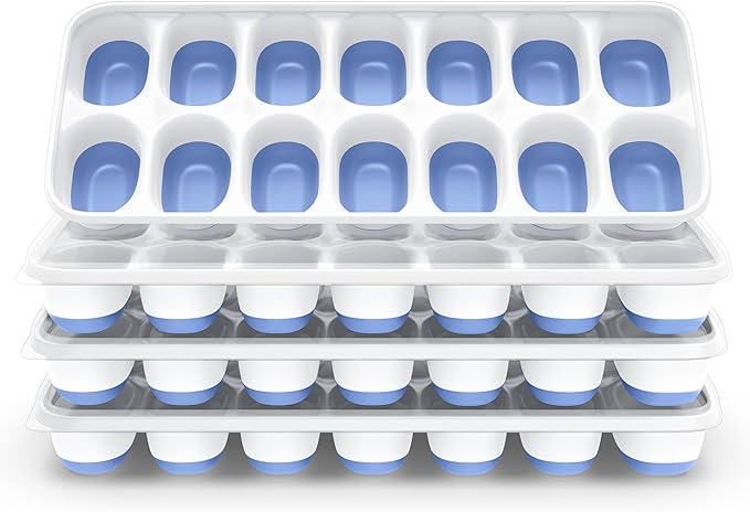 Ice Cube Tray with Lid, 4 Packs 56 Cubes Durable Stackable Ice Cube Trays for Freezer with Removable Lids, Easy-Release Plastic & Silicone Ice Tray for Cocktail, Coffee