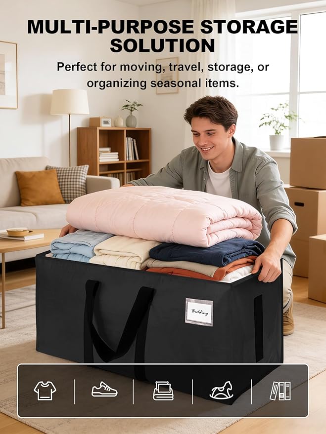 HOMESURE Supports 200lbs Heavy Duty Moving Bags - Strong Zipper & Wrap-Around Handles - Water-Resistant Storage Totes, Durable Alternative to Moving Boxes - 4 Pack - Black