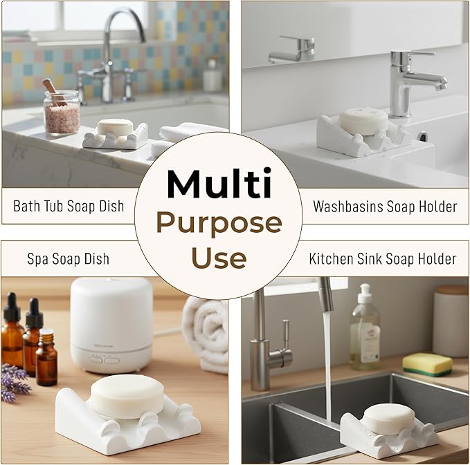 DOXOLOGY White Marble Soap Dish Bathroom Organizer - Resin Soap Dish with Rectangular Design 3.7" L x 2.8" W - Self Draining Soap Dishes Keeps Countertop Neat - Marble Look Soap Tray for Sink