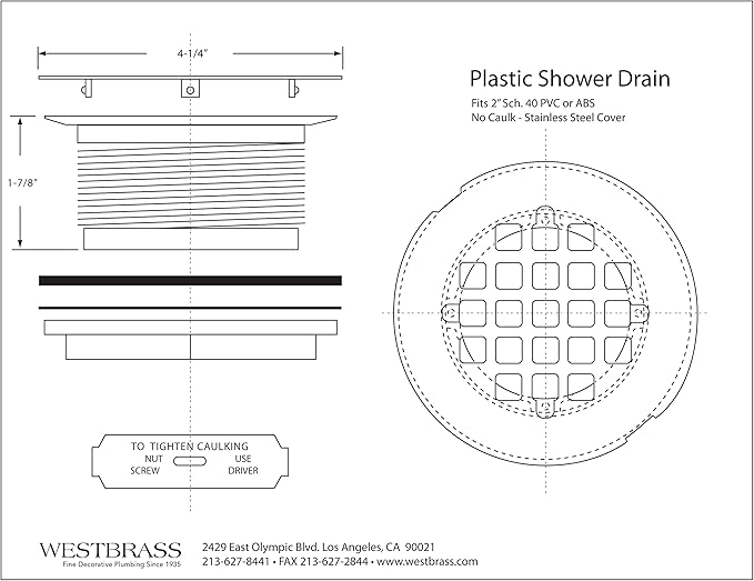 Westbrass A206P-07 2" No-Caulk PVC Compression Shower Drain with 4-1/4" Round Grid Cover, Satin Nickel