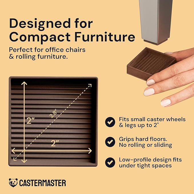 CasterMaster Non-Slip Furniture Pads - 2 in x 2 in Brown 4 Pack - Chair Leg Floor Protectors & Furniture Sliders for Hardwood, Vinyl & Tile Floors - Bed Stoppers