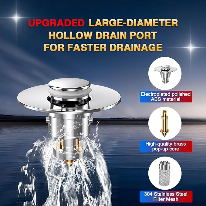 Bathroom Sink Drain Strainer, Pop Up Sink Drain Filter with Removable Stainless Steel Filter Basket Hair Catcher, Bathroom Sink Drain Stopper, for US Bathroom Sink Stopper Replacement (2pcs)