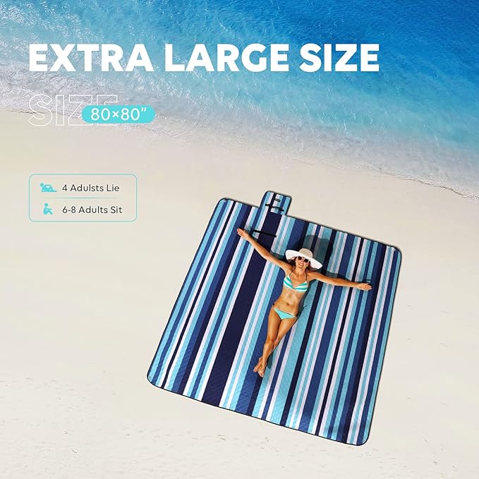 ZAZE Picnic Blankets Beach Blanket, 80''x80'' Extra Large Thick 3-Layers, Sandproof Machine Washable Waterproof Foldable Oversized XL Outdoor Mat, for Camping, Park, Travel, Grass(Blue White Stripe)