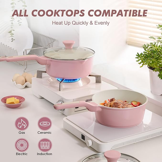 SENSARTE Ceramic Nonstick Saucepan with Lid 1.5 Quarts, Small Kitchen Cooking Pot with Stay Cool Handle, Induction Compatible, Ceramic Coating, Free of Intentionally Added PTFE/PFOA/PFAS, Sakura Pink