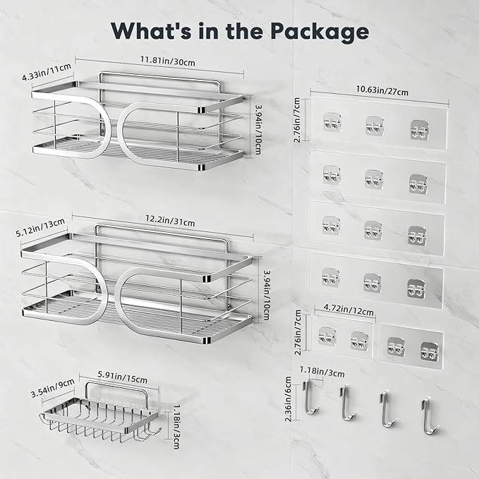 Shower Caddy 3 Pack Adhesive 304 Stainless Steel Shelves No Drill Durable Large Capacity Shower Rack Organizer Soap Holder Quick Dry Rustproof Bathroom Storage(Silver)