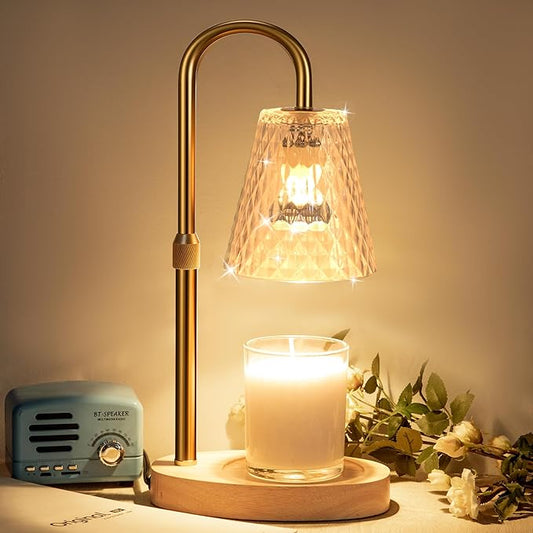 Candle Warmer Lamp with Timer: Electric Candles Warmers Adjustable Height Dimmable - Large Wax Candle Warmers Lamps Scented Flower Light - Home Decor Vintage Wood Base Shade Heat Modern Style Gold