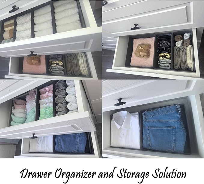 Bructhun Sock Drawer Organizer 3 Pack - Foldable Fabric Storage Bins for Underwear Divider, Small Closet Organizers with 3 Compartments, Light Gray