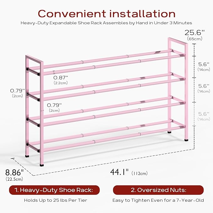 Bumusty 4-Tier Long Expandable Shoe Rack for Closet, 18"-44" Adjustable Shoe Rack for Entryway, 20-24 Pairs Large Shoe Organizer Shelf Storage, Sturdy Metal, Black