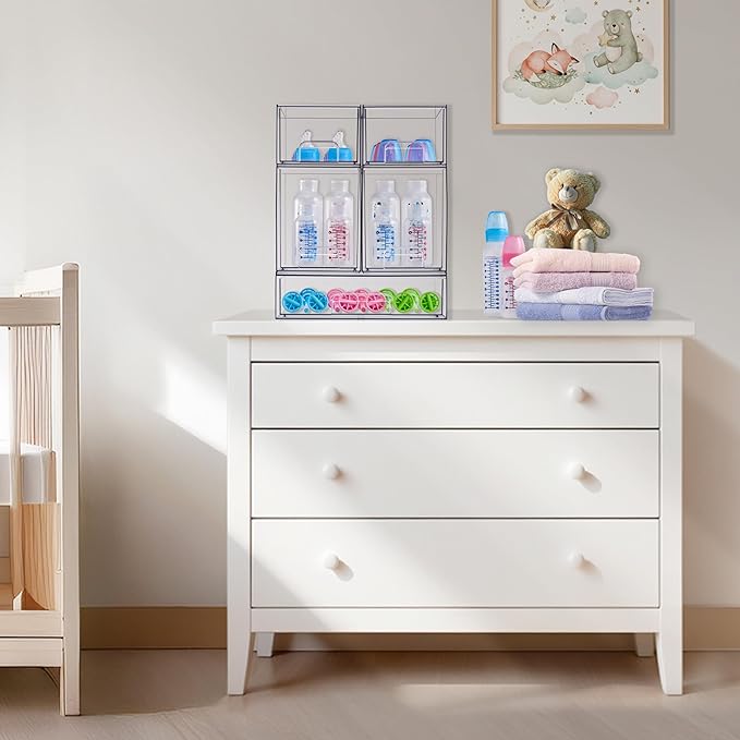 Sorbus Stackable Acrylic Storage Drawers – 2 Tall + 1 Wide – 3 Pack Clear Plastic Organizer Bins for Baby Bottles, Makeup, Bathroom & Vanity, Pull-Out Drawer Design for Kitchen Cabinets