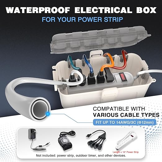 Flemoon Medium Outdoor Electrical Box Waterproof with Clear Lid, Weatherproof Extension Cord Cover for Photocell Light Sensor Timer, Power Strip, Outlet, Plug, Socket, Transparent and White
