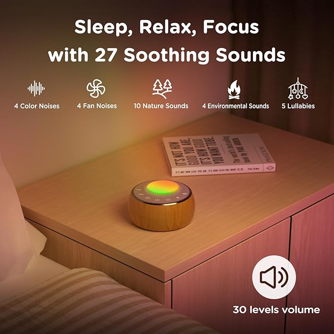 Peakeep White Noise Portable Sound Machine Sleeping Light for Adults Baby, Loud Clear Speaker, 25 Hours Continuous Audio 27 Noise Fan Nature No-looping Sounds, 30 Volume, Battery Operated