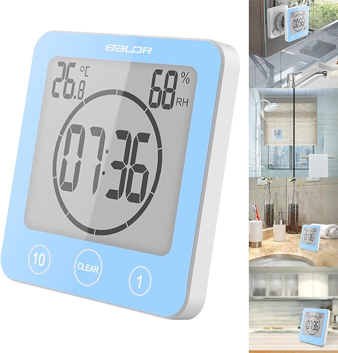 Digital Bathroom Shower Wall Clock Timer, LCD Digital Wall Clock with Suction Waterproof Temperature Humidity Gauge, Touch Screen Timer, Large Countdown Visual Timer Hanging Wall Clock