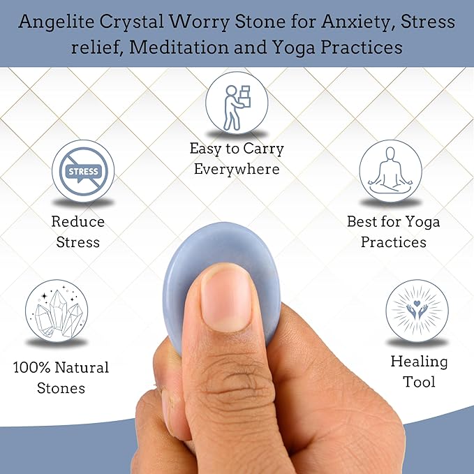 Angelite Worry Stones – Crystal Thumb Worry Stone for Anguish, Stress – Relaxing & Soothing Balance Stones for Meditation, Stress Relief – Healing Stones & Crystals for Men, Women