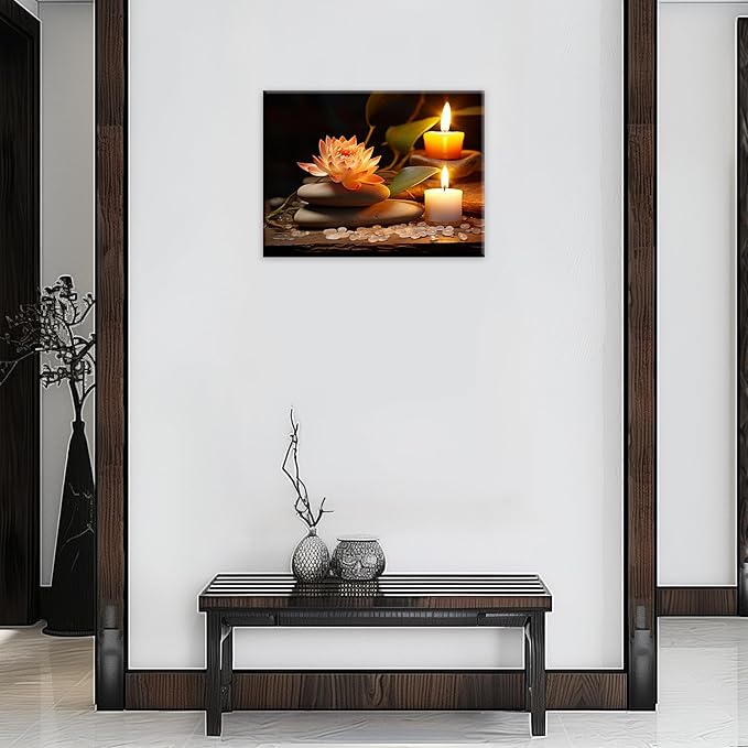 Zen Canvas Wall Art Lotus Flower Stone Painting Framed Spiritual Artwork Meditation Decor for Living Room Bedroom Ready To Hang(Artwork-2,12"x18")