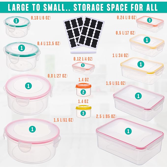 38 Pcs Large Food Storage Containers - 85 oz to Small Container Stackable Kitchen Storage Bowls Sets - BPA Free Leak-Proof Plastic Food Storage Containers with Lids Airtight - Microwave Freezer Safe