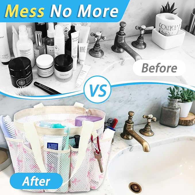 Fammart Mesh Shower Caddy Portable for College Dorm Room Essentials, 8-Pocket Large Shower Basket Tote Bag with 2 Handles for Toiletry, Bathroom, Beach, Camp, Gym