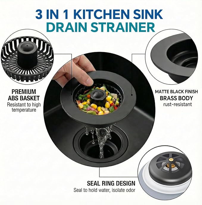 Kitchen Sink Stopper, 3 in 1 Pop Up Kitchen Sink Drain Strainer, with an Extra Basket Strainer, Sink Drain Stopper for US Standard 3-1/2 Inch, Brass Material Electroplate (Black)