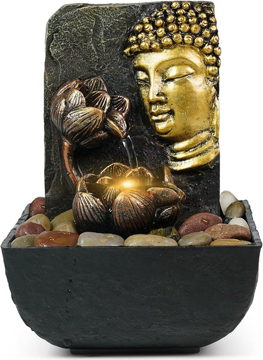 Ferrisland Tabletop Buddha & Lotus Waterfall Fountain with LED Light, Perfect for Zen Home & Office Decor(Gold)