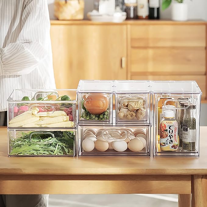 4 pack Stackable Fridge Drawers Pull-Out Bins Divided Produce Saver Containers for Refrigerator Storage Organizers for Veggie Fruit Berry Pantry Cabinet Makeup Clothes