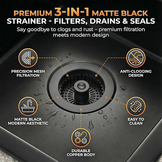 Kitchen Sink Stopper, 3 in 1 Pop Up Kitchen Sink Drain Strainer, with an Extra Basket Strainer, Sink Drain Stopper for US Standard 3-1/2 Inch, Brass Material Electroplate (Black)