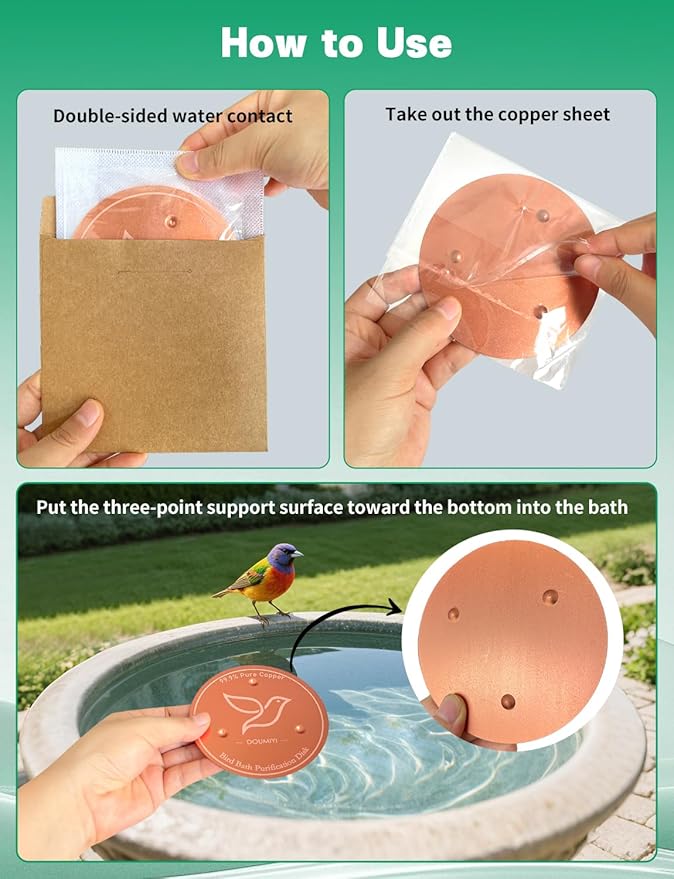 2-Pack Bird Bath Copper Disk, 0.6mm Thick 99.9% Pure Copper Cleaning Disk with Triple-Point Support, Safe Nature’s Purifier Clean Water All Season, Universal for Outdoor Birdbaths Bowls
